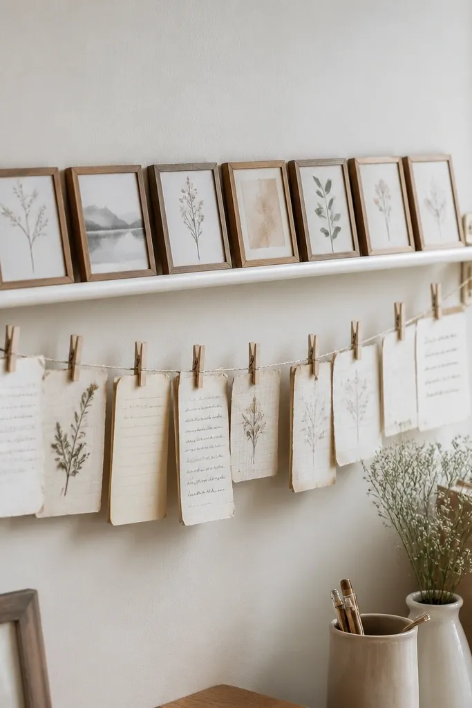 A small tabletop or window-area rod held by clip-on brackets. A string of mini diary notes hangs from clothespins, and a row of tiny framed quotes sits along the rod.