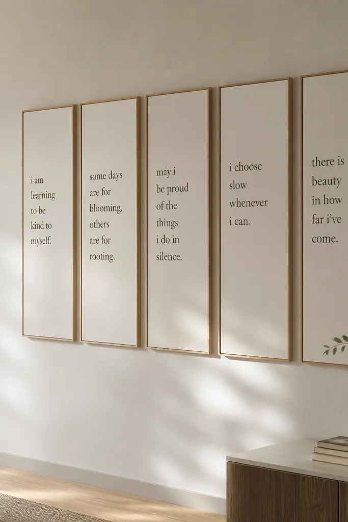 A set of slim poster frames on a wall. Each frame shows a diary quote, and the frames look flush and clean, with no visible nails or tape holding them.