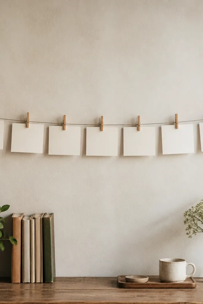 Two small hooks hold a thin wire across a wall. On the wire, multiple note cards are spaced evenly with clothespins, forming a timeline layout with dates.