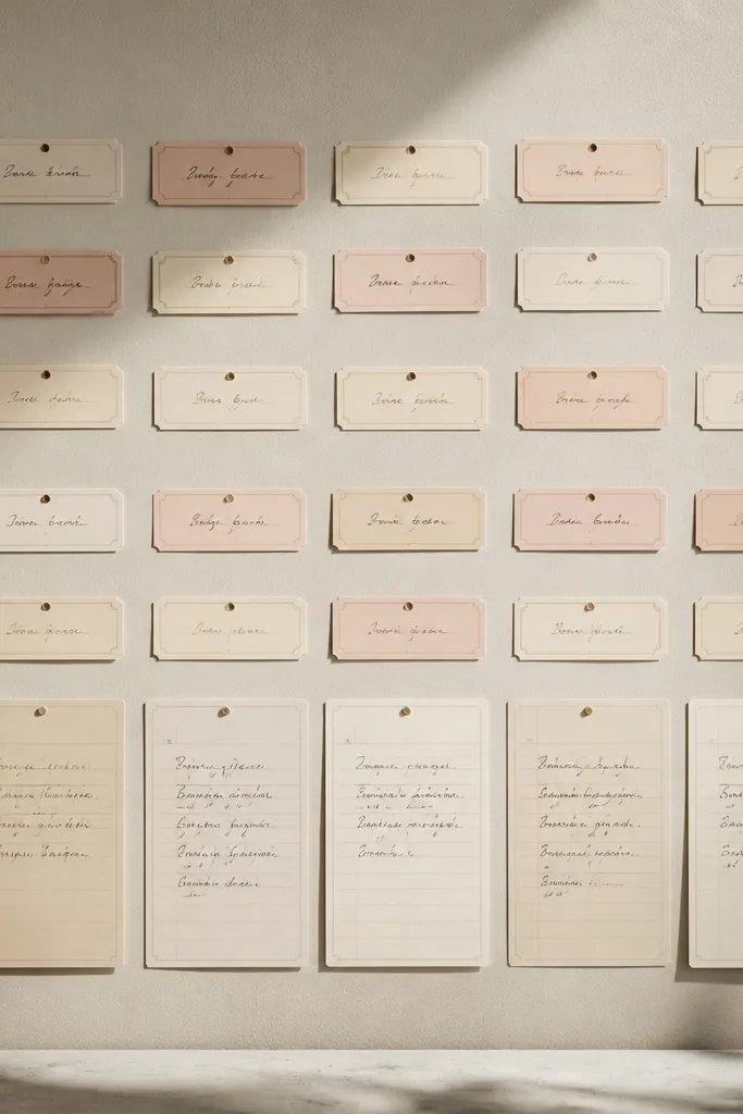 A wall section with a grid of small label strips in soft cream and blush. Each label has handwriting-style text, and larger diary cards sit beneath as if they’re part of an index page.