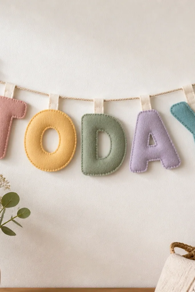 A felt banner reading “TODAY” in large rounded letters. It hangs from a string between two removable clips, with soft pastel colors and stitched-looking edges.