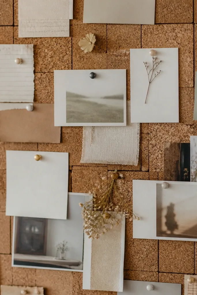 Small cork tiles arranged like a patchwork wall. Each tile has pinned diary notes with pushpins, and a few cards overlap slightly for depth.