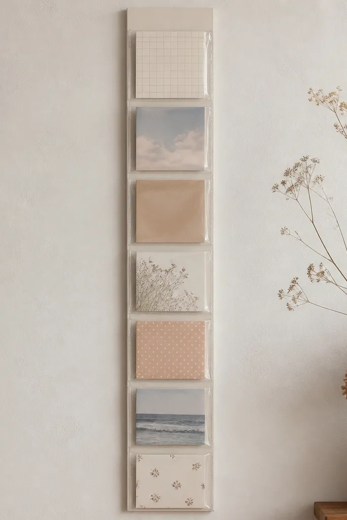 A vertical row of small transparent pockets or mini envelope sleeves attached to a backing. Each pocket holds a diary card, and the backing is mounted with removable adhesive strips.