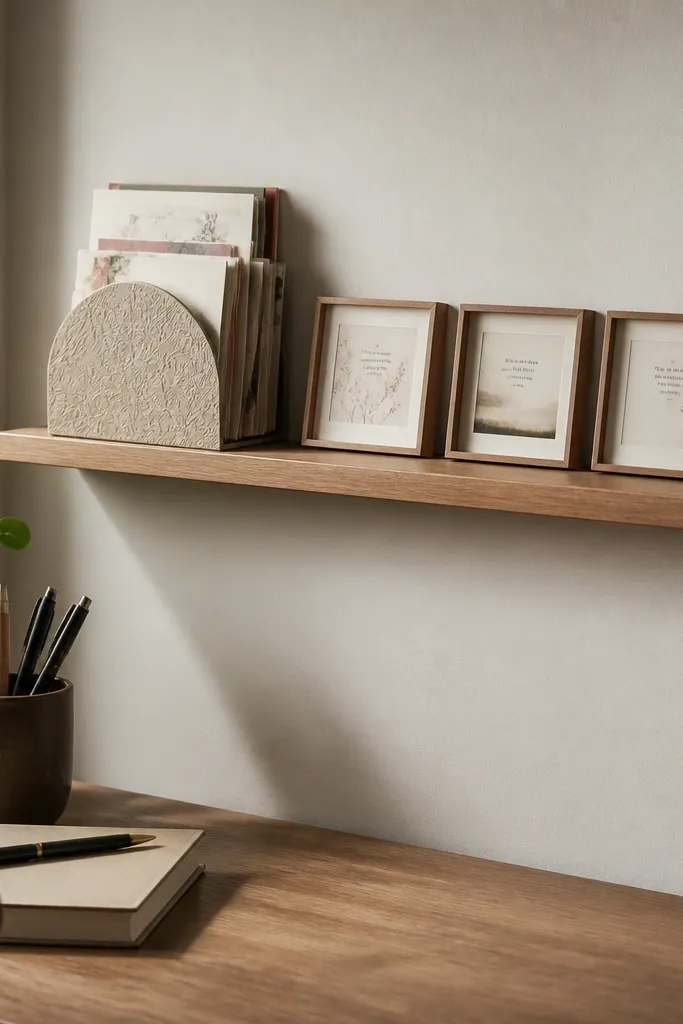 A small floating-style shelf above a desk area. On the shelf, a stack of diary cards sits beside a row of small framed quotes; cards are tucked behind a decorative board.