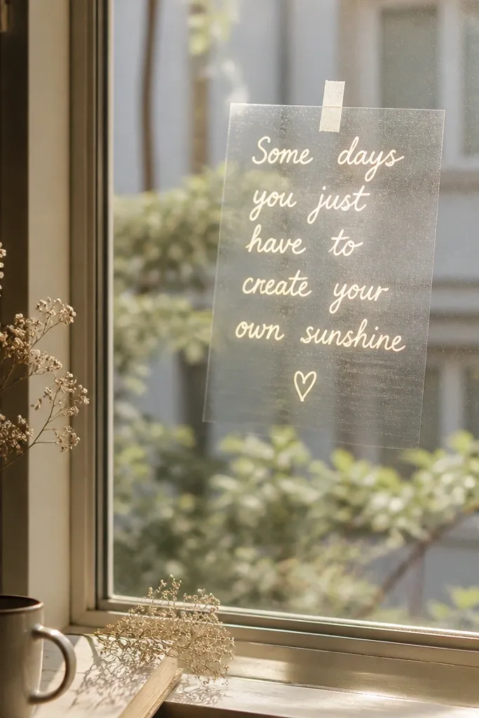 Diary-style quote clings on a window. The text looks like handwriting, and the clings catch the daylight, making the words glow softly.