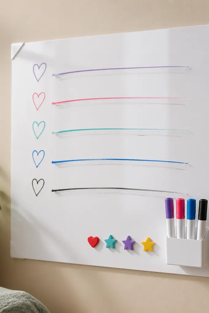 A glossy white magnetic sheet mounted with removable adhesive corners; colorful dry-erase markers and small magnetic symbols (hearts, stars) are arranged at the bottom, with several erased-and-redrawn prayer lines.