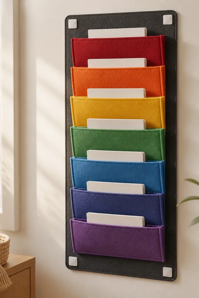 A felt prayer board with stacked pockets in rainbow colors, each pocket holding folded cards; the board is mounted using removable adhesive velcro strips at the corners.