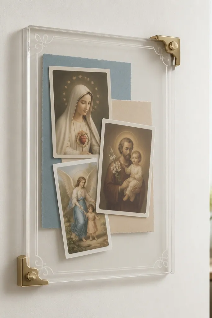 A clear acrylic rectangle with a decorative border, held against the wall by two removable corner clamps; inside are layered prayer cards on colored paper.