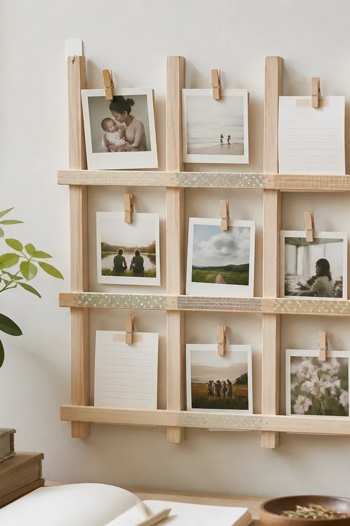 A small grid board on the wall made from light wood strips arranged like a mini pegboard; removable adhesive strips hold it up, and washi tape labels mark categories like Family, Friends, School.