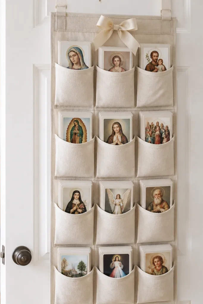 An over-the-door hanging organizer with multiple pockets; prayer cards are sorted into pockets, and a small bow or ribbon marks the top section as “Today.”