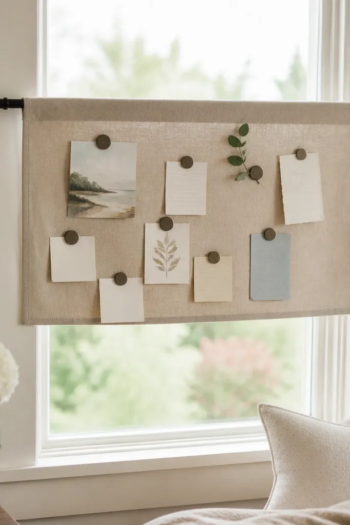 A small prayer board made from a fabric panel attached to a magnetic curtain rod spanning a window area; magnetic clips hold notes, and the rod sits without wall hardware.