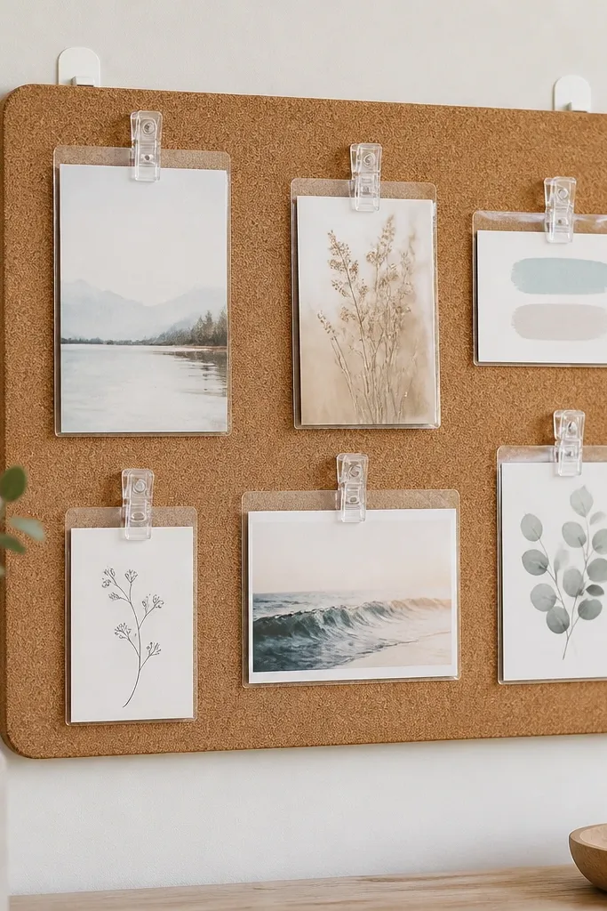 A small cork rectangle mounted with removable adhesive picture-hanging strips; instead of pushing pins, cards sit in clear plastic sleeves pinned to the cork with removable clips.