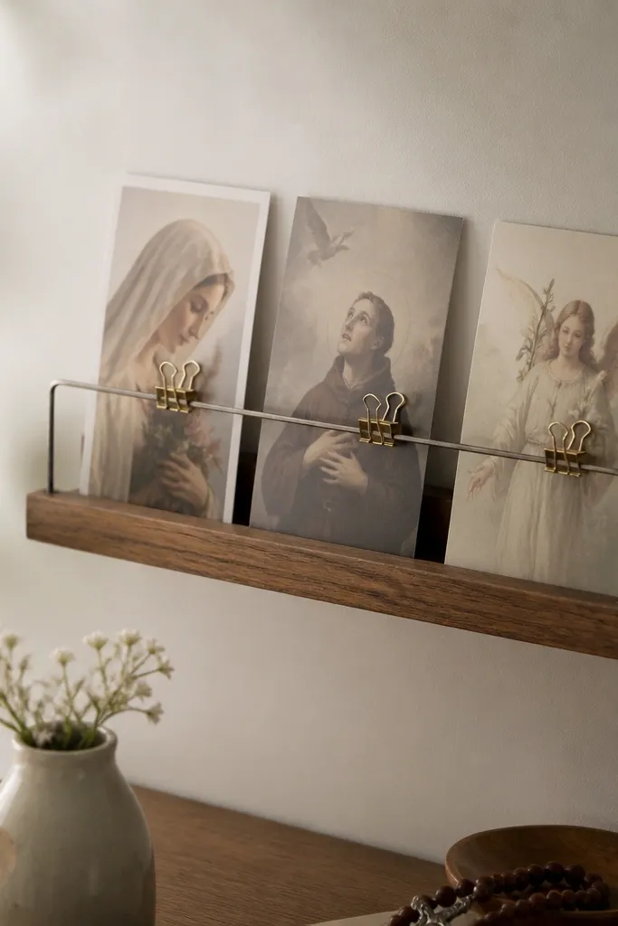 A small wall shelf with a removable wire stand in front; prayer cards slide between the shelf and wire, each card clipped with tiny binder clips.