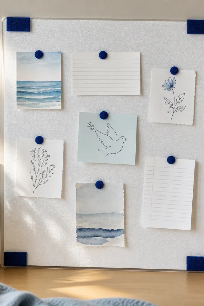 A sleek waterproof board made from a clear laminate sheet over foam, with blue Velcro squares at the corners; small Velcro dots hold prayer notes and doodles.
