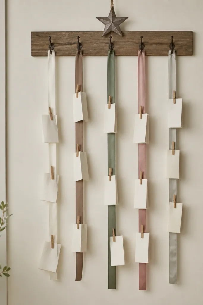 A vertical ribbon display with 4-6 ribbons hanging from removable hooks on a wall; small clothespins hold folded prayer notes, with a simple star charm at the top.