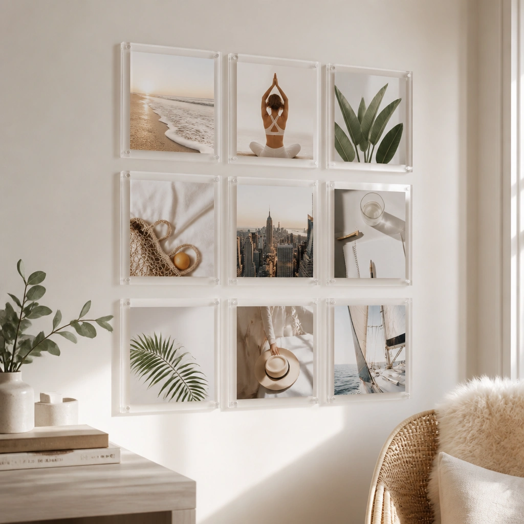 A 3x3 grid of clear acrylic frames on a wall, each containing a vision board picture. The frames look floating with small translucent corner pads at each frame corner.