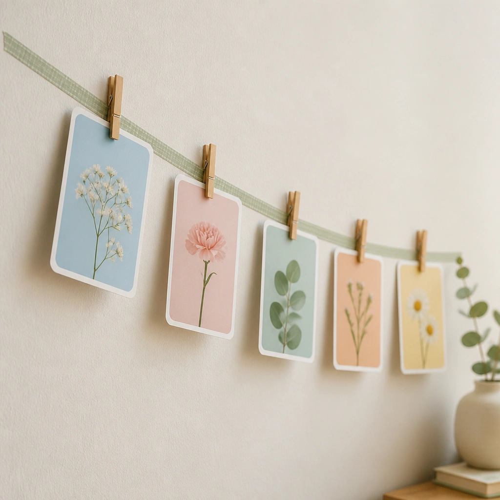 A diagonal washitape line on a wall with small photo cards clipped along it using wooden mini clips. The pictures have pastel backgrounds and consistent rounded corners.