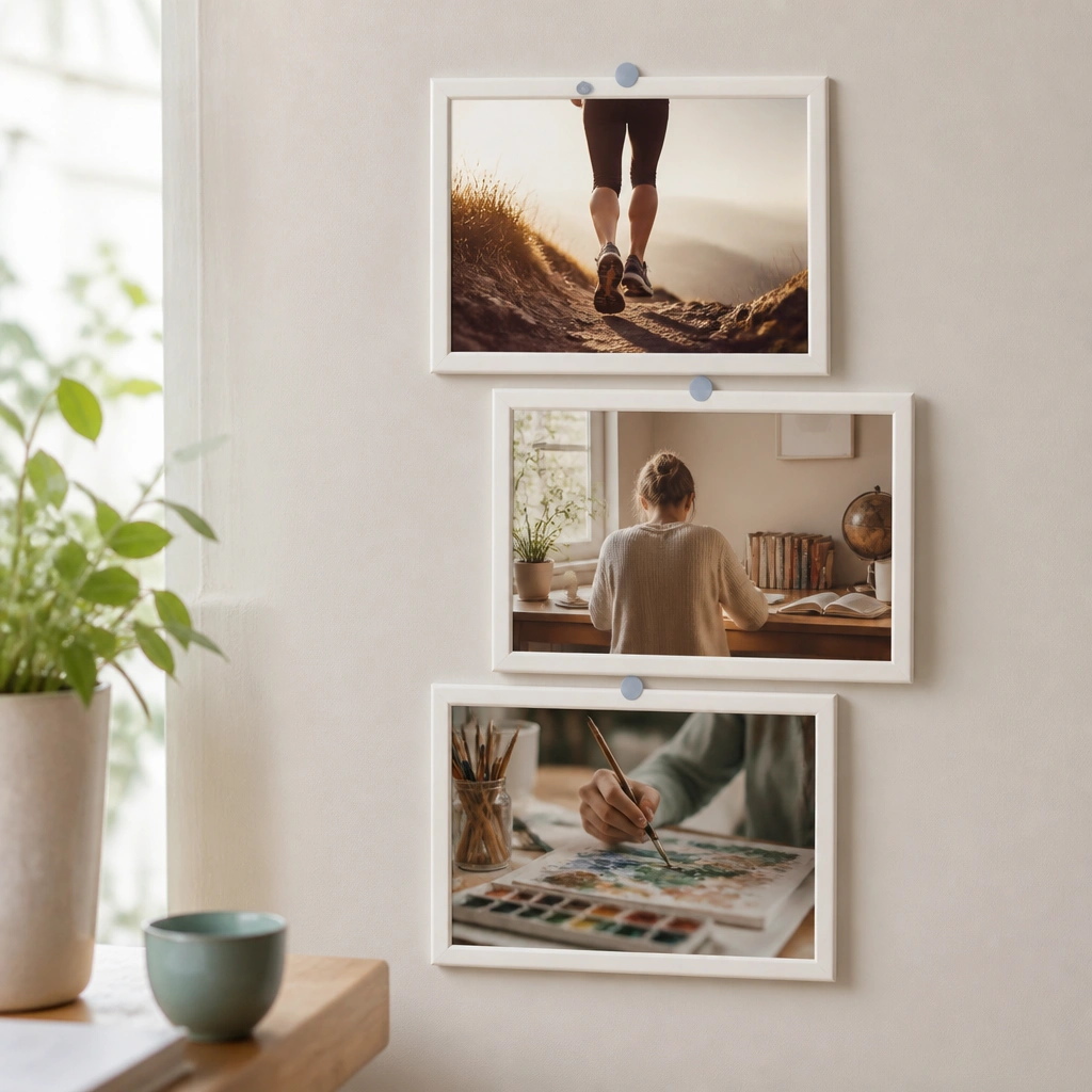 Three small frames stacked in a slightly offset arrangement, each held to the wall with small dots of removable poster putty. The pictures show goals like fitness, learning, and creative hobbies.