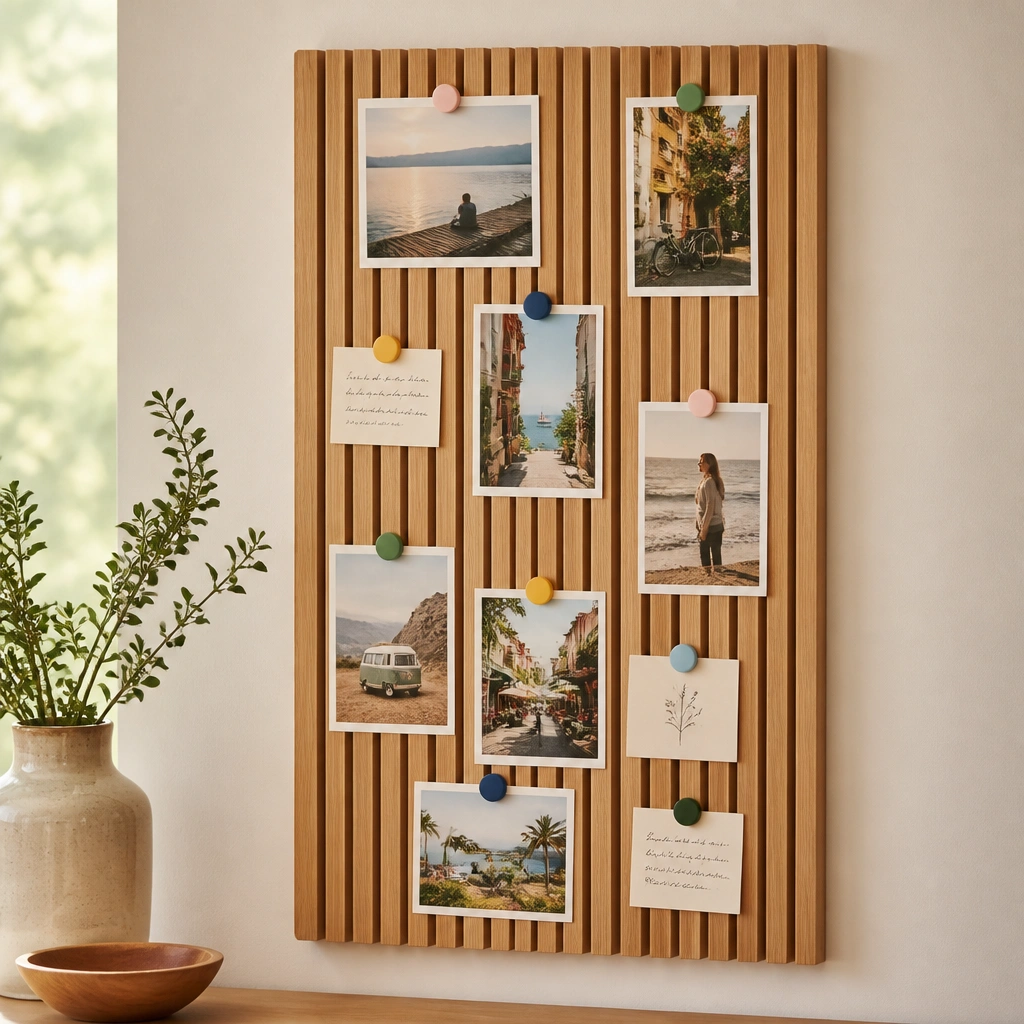 A vertical wood slat board mounted on the wall, with multiple photos held by colorful magnets. The photos are arranged in columns with a few small handwritten captions.