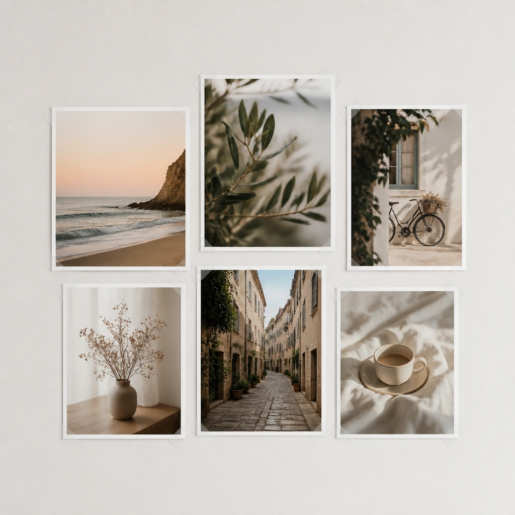 A set of 6 photos arranged in a tidy cluster, each mounted with small corner pieces of removable tape. The tape looks like tiny transparent L-shapes at each photo corner.
