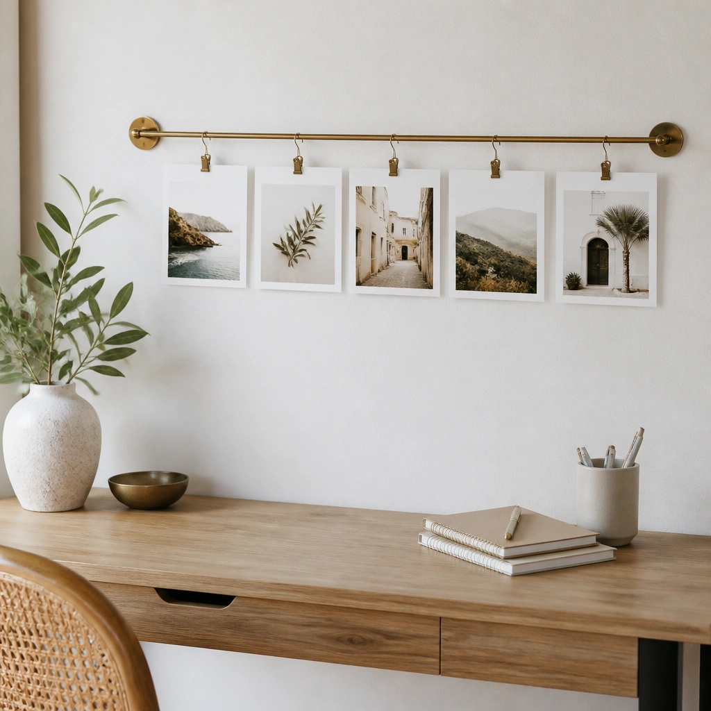 A small removable curtain rod mounted above a desk area with a line of photos clipped evenly. The photos hang like a mini gallery with matching white backgrounds.
