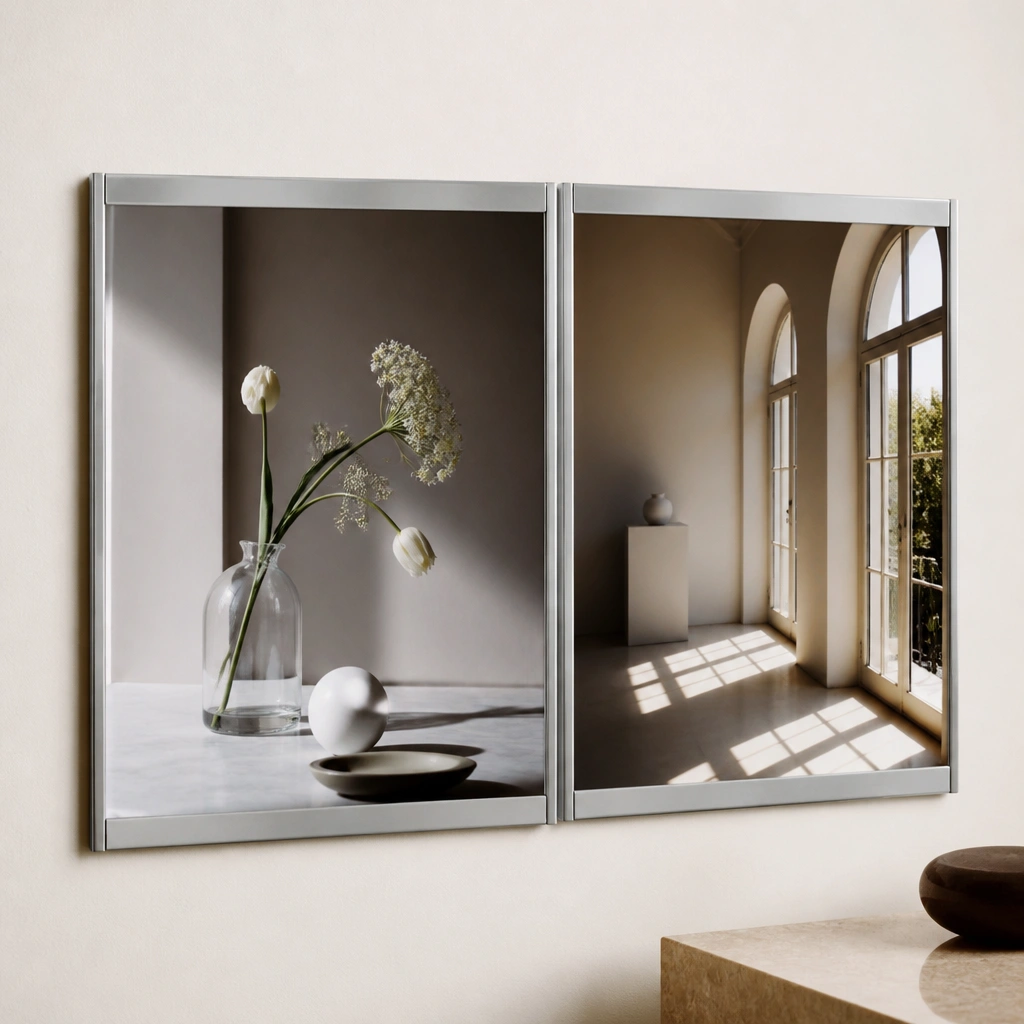Two or more small frames side-by-side on a wall, with a thin metallic backing visible behind the frames. Photos are held in place by magnetic strips, and the frames look aligned like a magazine spread.