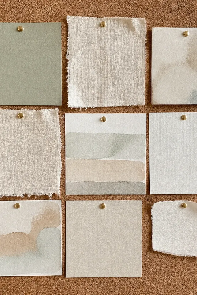 A corkboard-style board with a 3x3 grid. Each square has a different texture: muted sage paper, cream fabric scraps, watercolor wash blocks, and tiny pinned printed prompts. A small handwritten note sits in the bottom-right square.