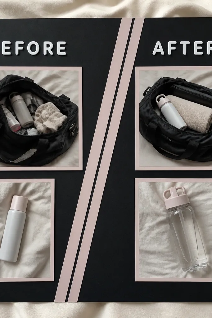 A black matte poster board with blush-pink strips running diagonally. Two columns labeled “Before” and “After” in white sticker letters. Photos show a messy gym bag, then a neatly packed bag, plus a skincare bottle and a clean water bottle.