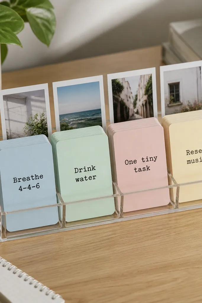 A clear acrylic display tray on a wooden desk. Inside are stacked index cards with rounded corners in pastel colors. Visible cards read: “Breathe 4-4-6,” “Drink water,” “One tiny task,” and “Reset music.” Small polaroid-style photos sit behind the cards.