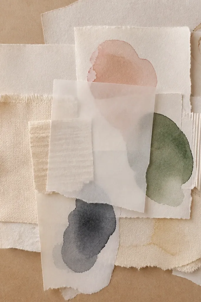 A collage on kraft paper with layered torn edges, coffee-stained paper strips, and soft cream fabric pieces. Small printed phrases are partially covered by translucent vellum and topped with a few watercolor blobs.