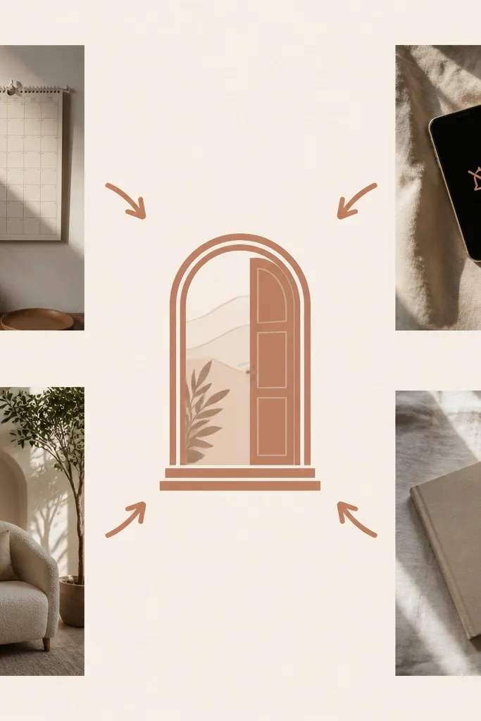 A cream-colored board with a terracotta-colored doorway illustration in the center. Around it are four photos: a calendar, phone on silent, a cozy corner chair, and a notebook. Small terracotta arrows point inward toward the doorway.