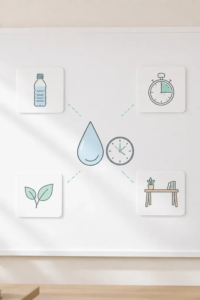 A white board with aqua corner accents. In the center is a minimalist illustration of a water drop next to a small clock icon. Four small icon cards surround it: water bottle, timer, plant leaf, and a clean desk.