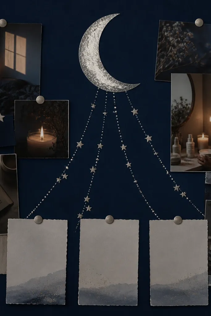 A midnight blue poster with a silver foil crescent moon at the top. The collage includes photos of dim lighting, a book, a candle, and a skincare routine on a vanity. Strings of tiny faux stars connect the moon to three intention cards.