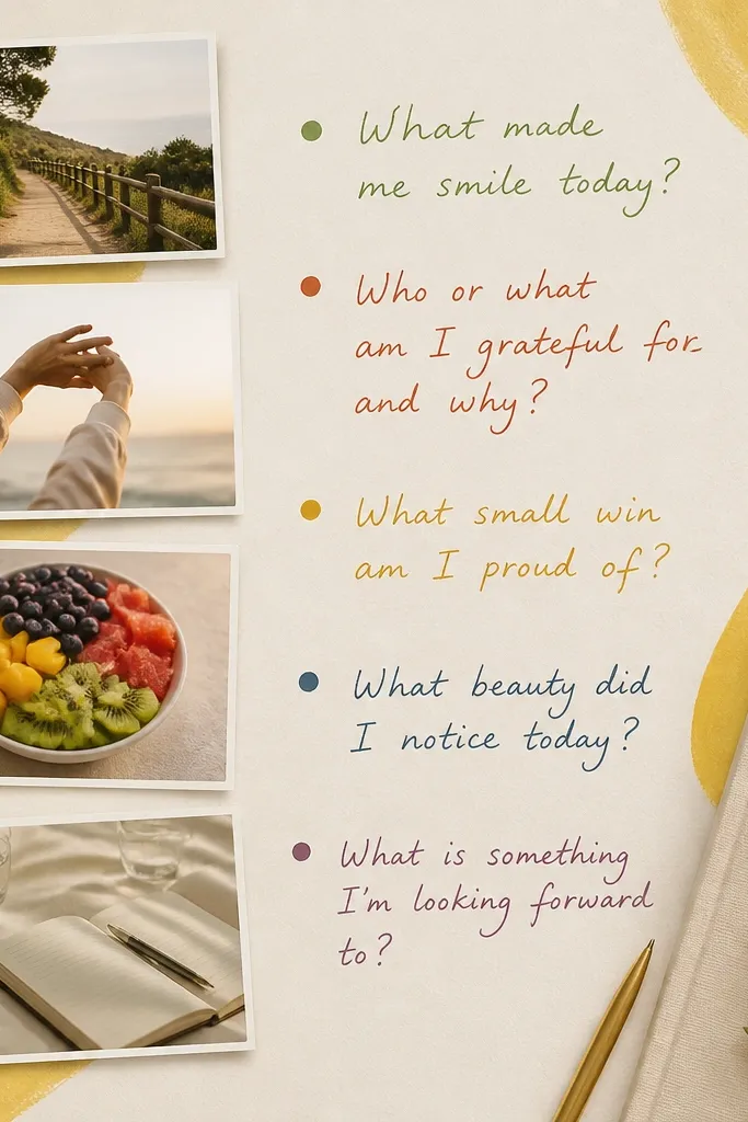 A cream board with lemon yellow swoosh shapes behind handwritten gratitude prompts. Photos show a walk path, stretching hands, a fruit bowl, and a journal. Several prompts are written in different ink colors but stay neatly aligned.