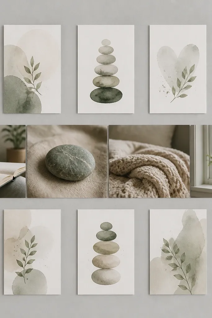 A soft gray board with a horizontal photo strip in the middle. The strip alternates between small photos: therapist notebook, grounding stone, cozy blanket, and a calm window. Above and below are three printed cards: “Name the feeling,” “Ground 5-4-3-2-1,” “Be kind.”