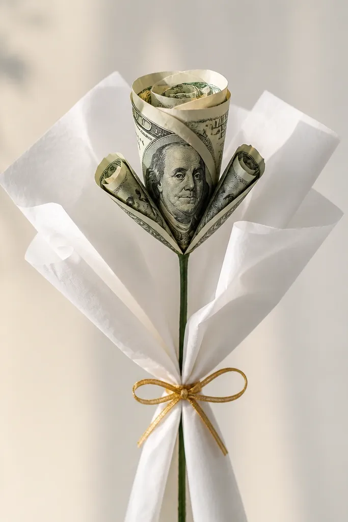 A single stylized money bloom at the top of a slender stem. Only one large folded bill forms the center, with two small supporting bill petals on each side. The bouquet is wrapped in white paper and finished with a tiny gold ribbon bow.