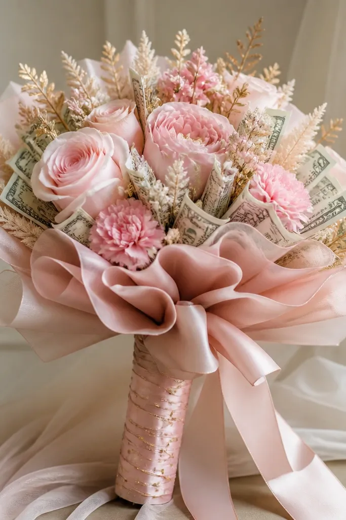 A pastel bouquet with light pink ribbon accents and warm gold details. Money “petals” peek through behind blush fabric loops, and the handle is wrapped in blush satin ribbon with tiny gold sprinkles or glitter accents.