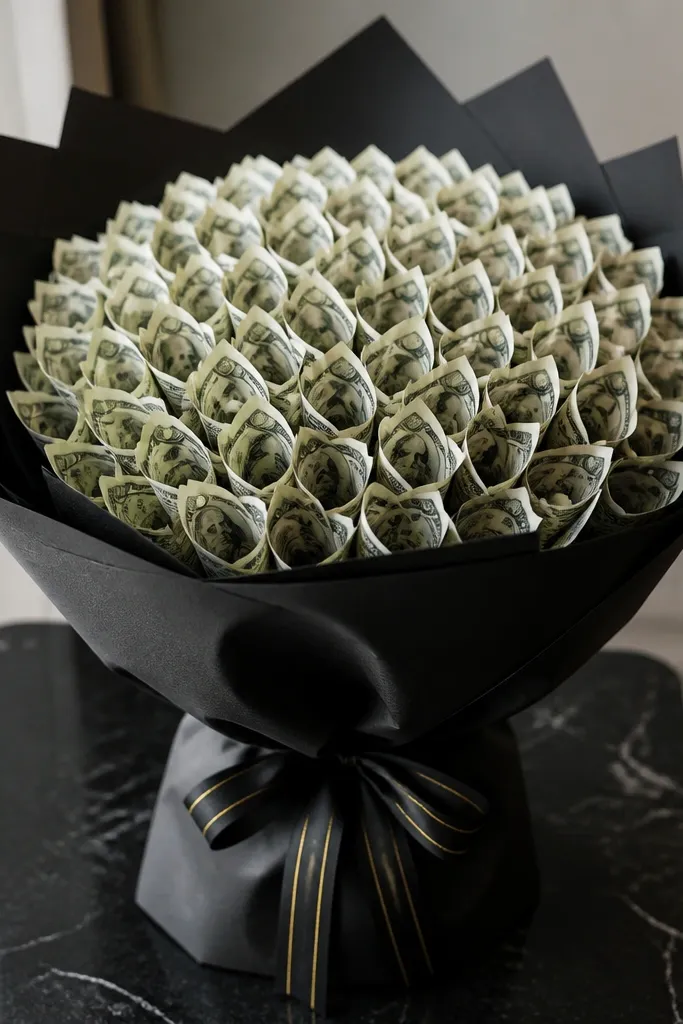 A sleek bouquet wrapped in matte black craft paper. The money petals are arranged in tight rows, and the stem wrap includes thin black-and-gold striped ribbon. A small black bow sits at the top of the handle.