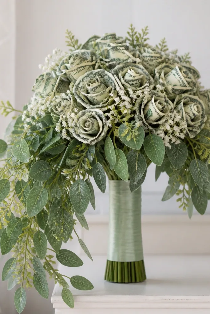 Money flowers clustered at the top with realistic faux greenery spilling down the sides. The stems are wrapped in light green ribbon, and small leaf picks frame the money petals. The overall look is airy and fresh.