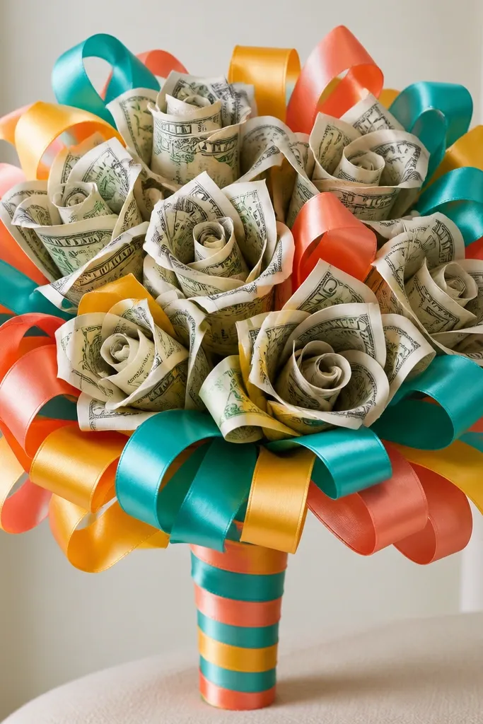 A lively bouquet with colorful ribbon accents around the bill petals. The money flowers are mostly neutral, while bright teal, coral, and yellow ribbon loops create a playful border. The handle is wrapped with alternating ribbon bands.