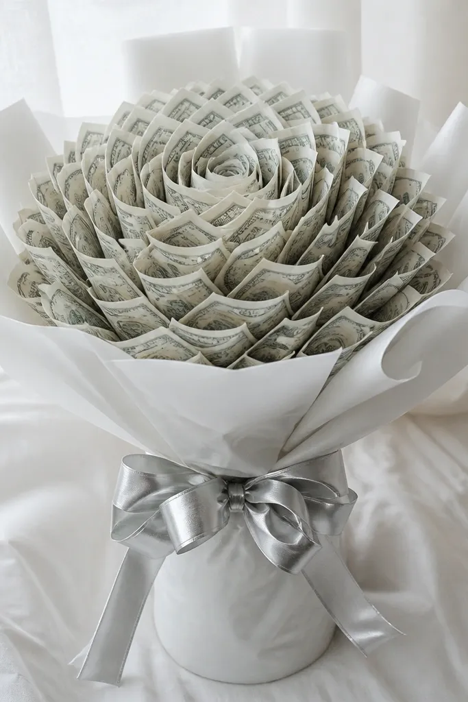A clean monochrome bouquet with white wrap paper around the handle and a silver metallic bow. The money petals are arranged in a tight spiral pattern using white bills or neutral bills, with no extra colors except silver accents.