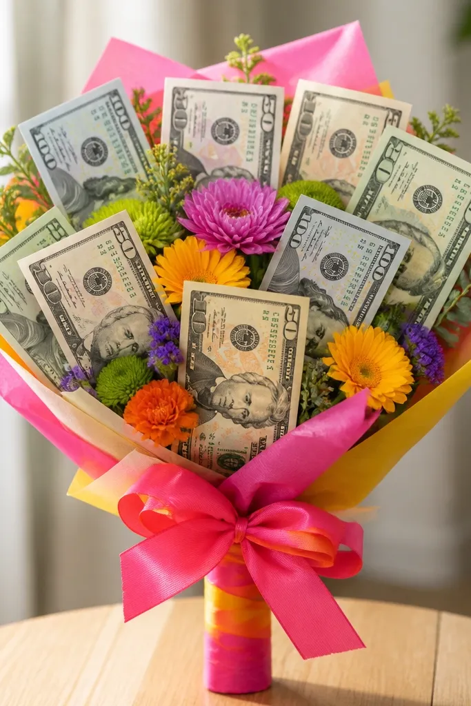 A bright, playful bouquet with larger, easier-to-handle money shapes. The bills are backed with thin cardstock so they lie flat, and the bouquet handle is wrapped in colorful tape. A big cheerful ribbon is tied at the top.