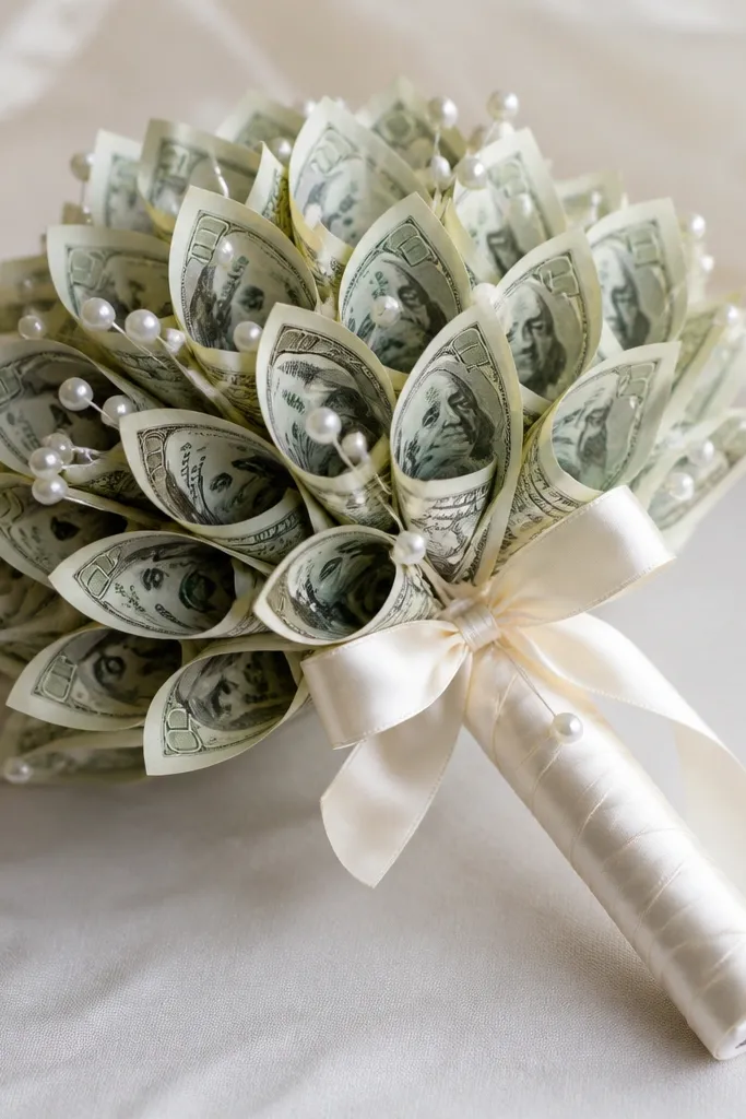 A soft wedding-style money bouquet with satin ivory ribbon on the handle and small pearl picks inserted around the money petals. The cone top is covered with neatly arranged bill petals, and a delicate satin bow tops the stem.