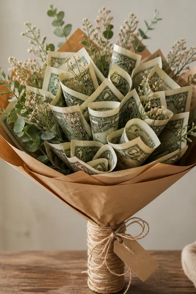 A rustic bouquet wrapped in kraft paper with twine spiraled around the stem. The money petals are layered with a few visible folds, and a small tag tied with twine hangs near the base. The top has a warm, natural look.