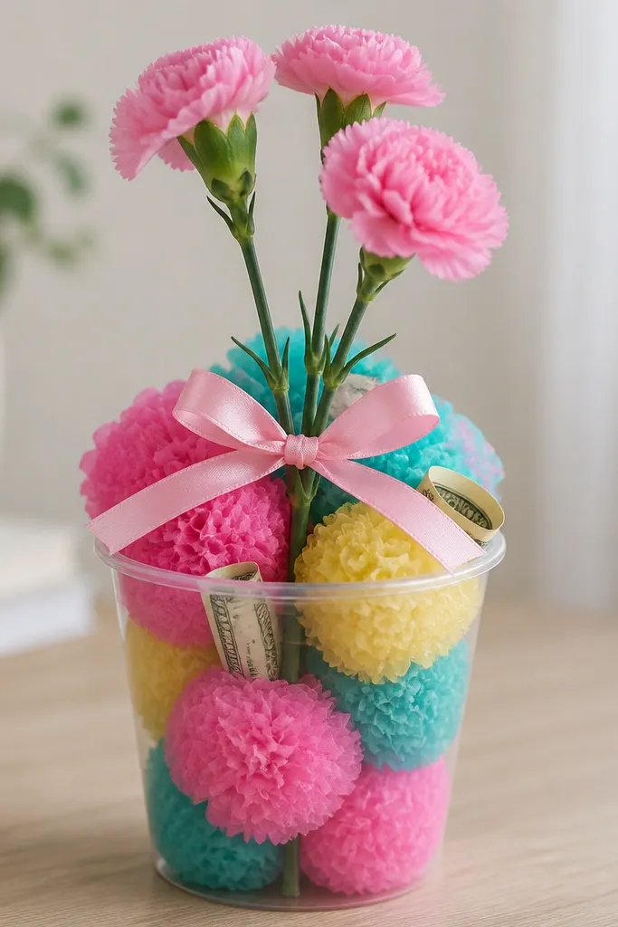 A clear plastic cup filled with colorful tissue pom-poms (pink, teal, yellow). Three mini stems are tied together with a ribbon, and small folded bills peek out between the pom-poms.