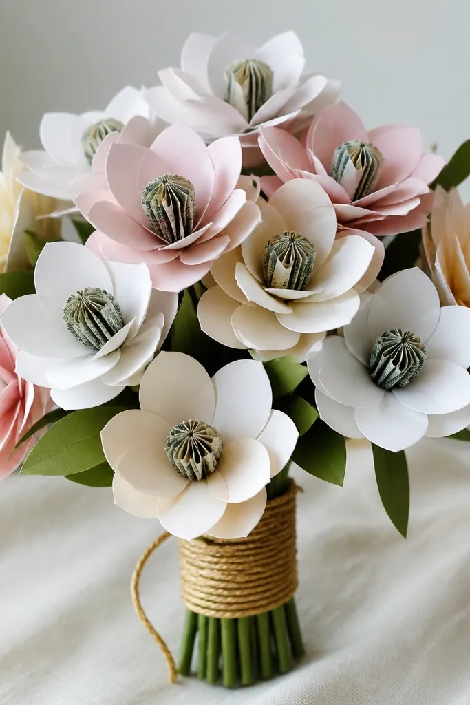A bouquet of small white and pastel cardstock flowers with layered petals. In the center of each flower, a tiny folded bill forms a stamen-like center, with a bit of gold twine wrapped around the stem.