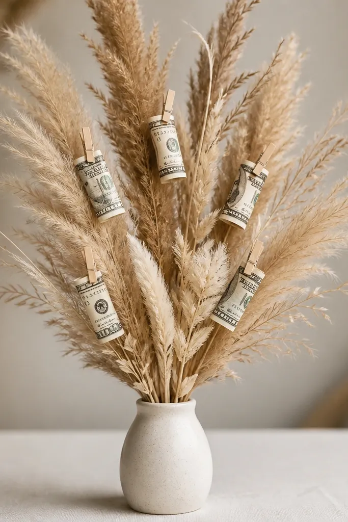 A small pampas-style arrangement in a mini vase, using beige and tan feathery stems. Several folded bills are clipped on with mini clothespins, spaced like ornaments.