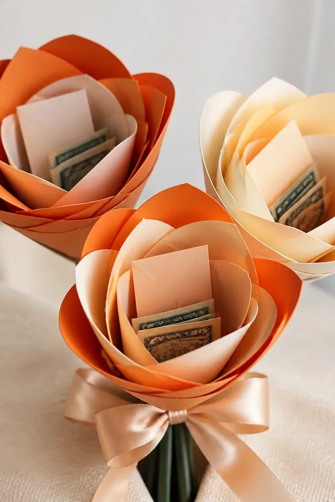 Three small paper flowers in orange and cream with layered folds. Each flower has an open center showing a small note and a folded bill tucked inside, with a satin ribbon bow around the stems.