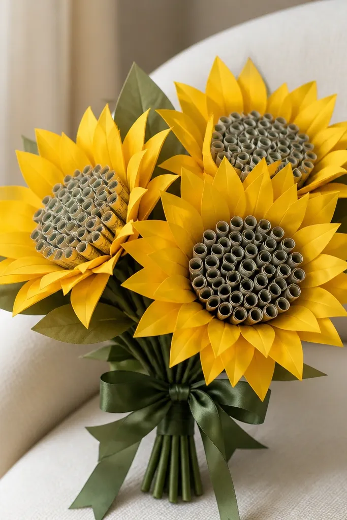 A small sunflower bouquet with bright yellow paper petals and a dark brown center. In the center, small rolled bills are arranged like seeds, and green ribbon wraps the stems.
