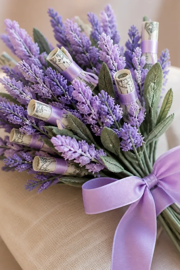 A pastel lavender bouquet of small fabric or paper lavender sprigs tied together with a wide lilac ribbon. Tiny folded bills are wrapped in matching ribbon bundles and tucked into the sprigs.